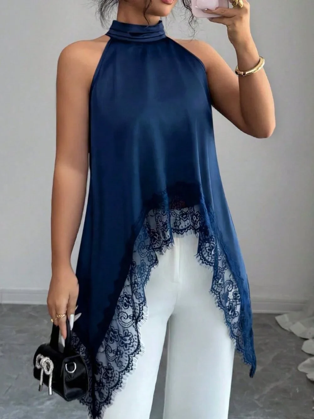 Blue Casual Women's Lace Patchwork Halter Shirt